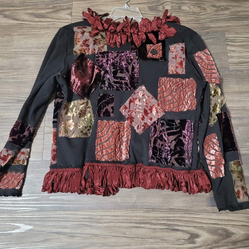 Vintage Laura Ashley Womens Size MP Devore Silk Patchwork Velvet Cardigan Fringe - Picture 2 of 4